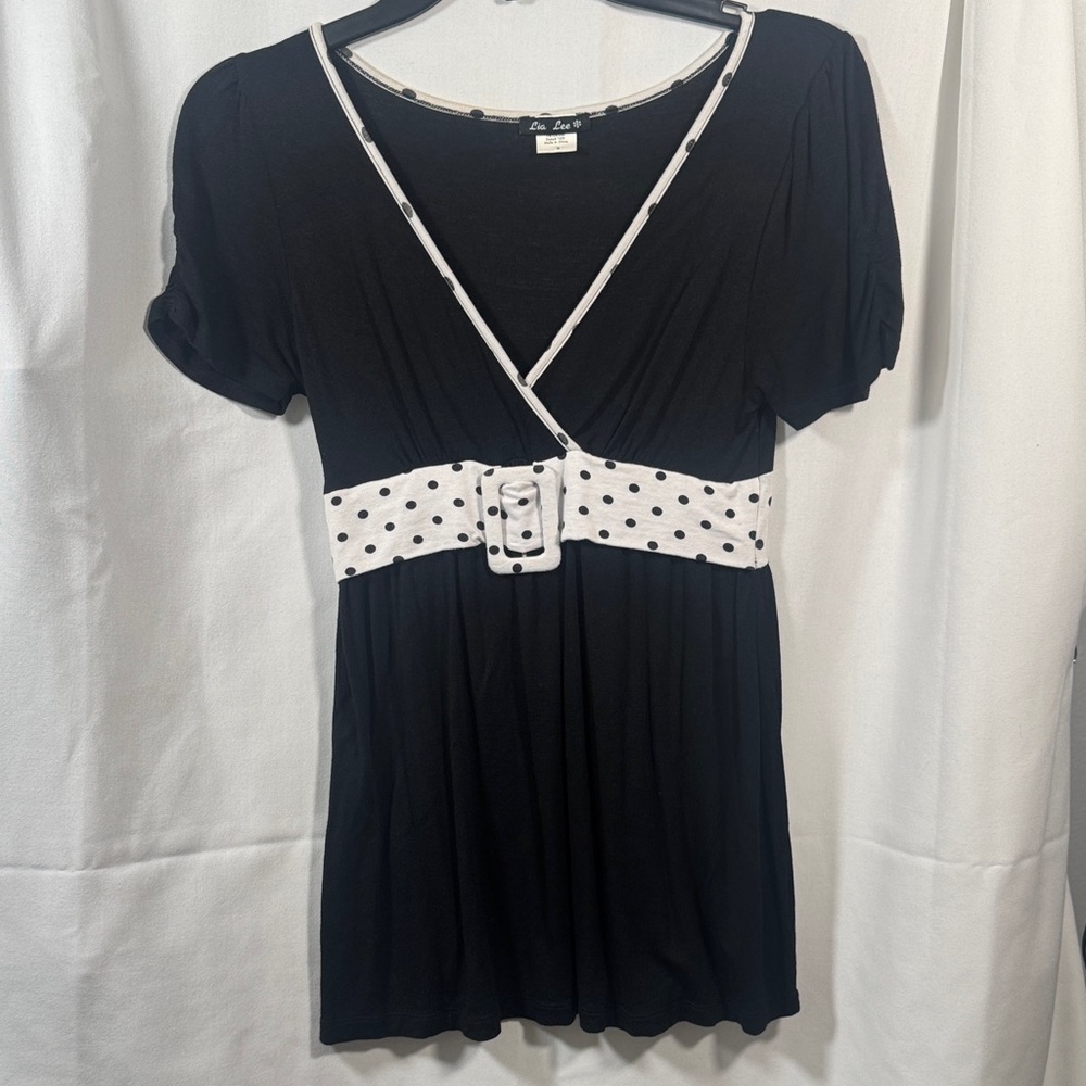 Black Polka Dot-Trim V-Neck Women's Top
